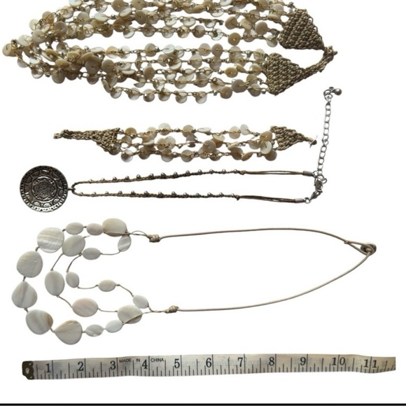 Layered White Shell & Silver Medallion Necklace Set | Boho Statement Jewelry - Picture 11 of 11